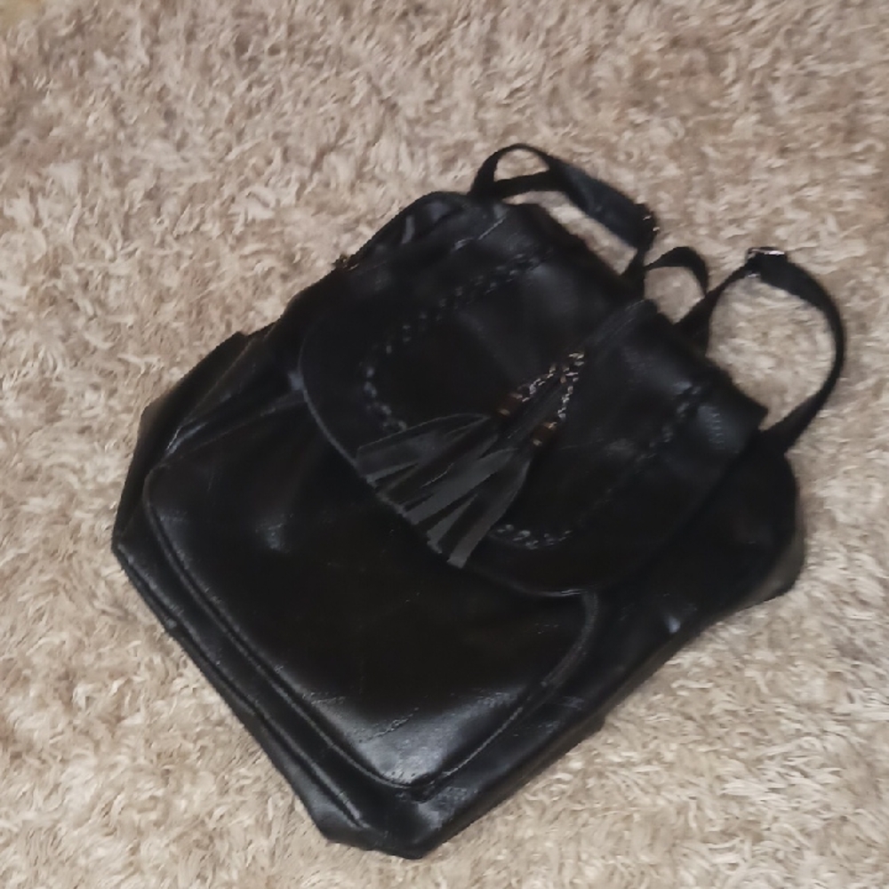 Classic Black Leather Backpack with Tassels